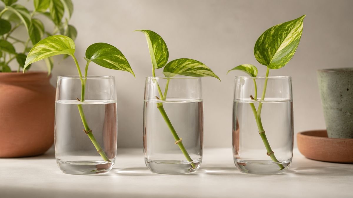 Three glasses of different water each holding a cutting