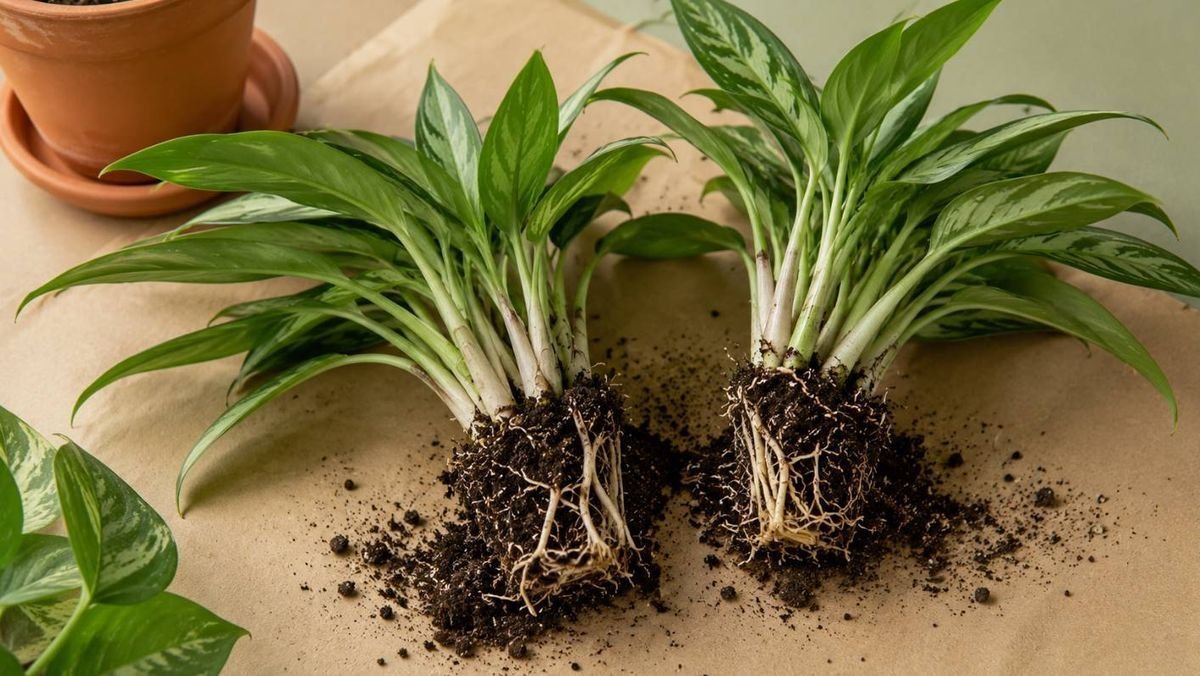 A clumping plant separated into two rooted sections on kraft paper