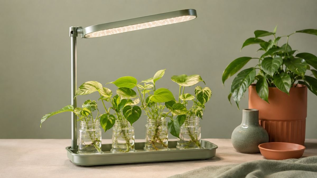 A small LED grow light over a tray of cuttings in jars