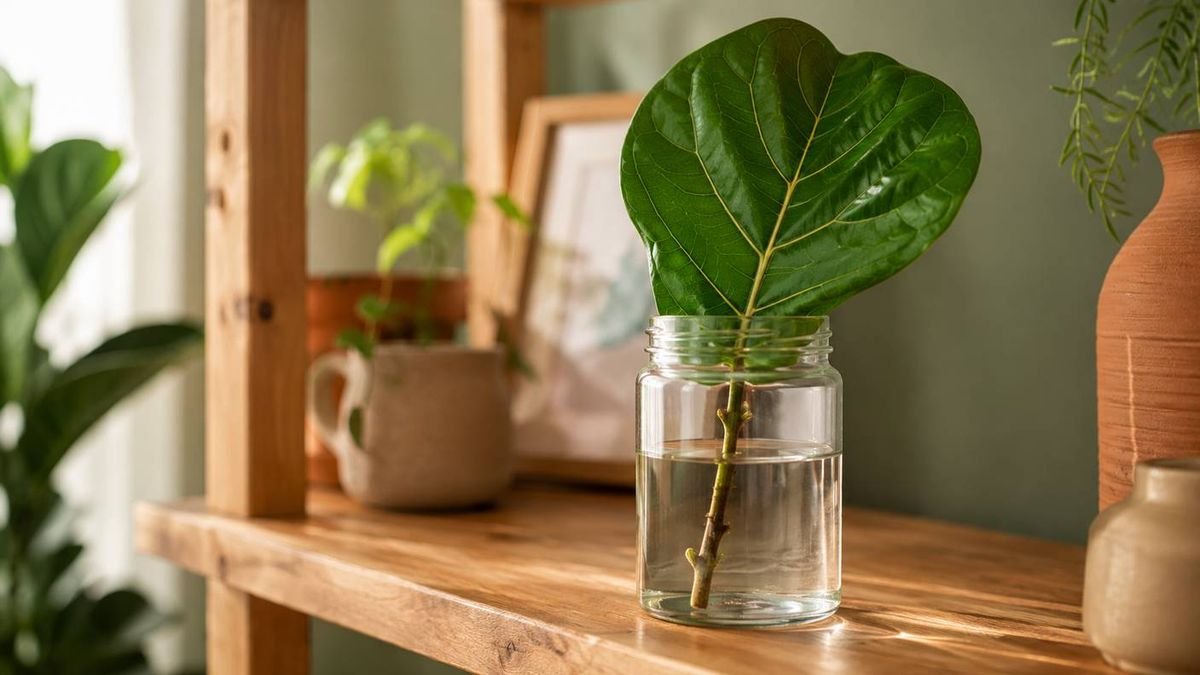 A fiddle leaf fig stem cutting in a tall jar of water on a shelf