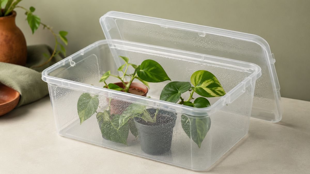 A clear tub humidity box holding cuttings with light condensation