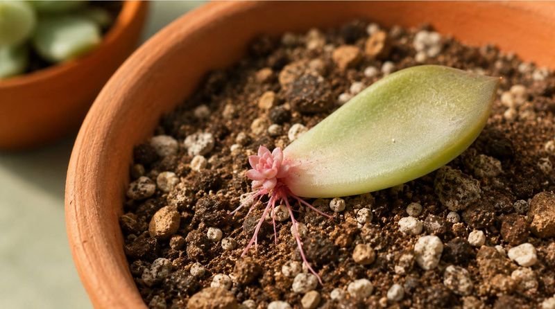Succulent leaf sprouting a tiny new plant on top of soil