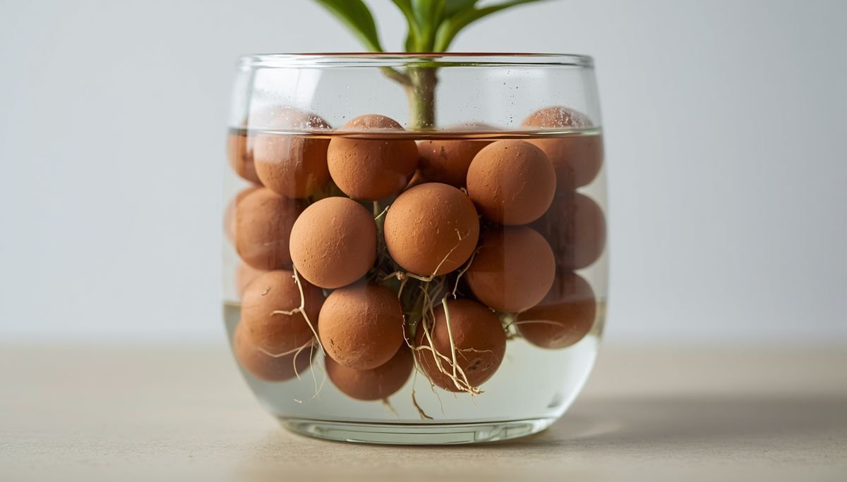 A cutting rooting among clay LECA balls in a clear glass