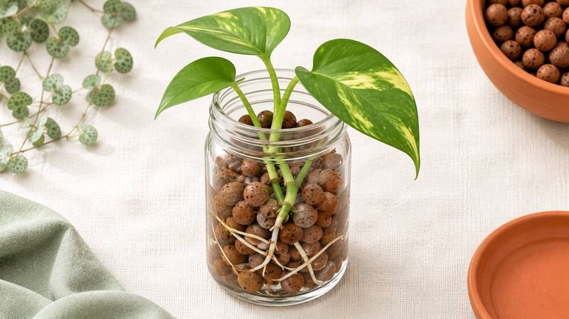 A cutting rooting in a jar of clay LECA balls