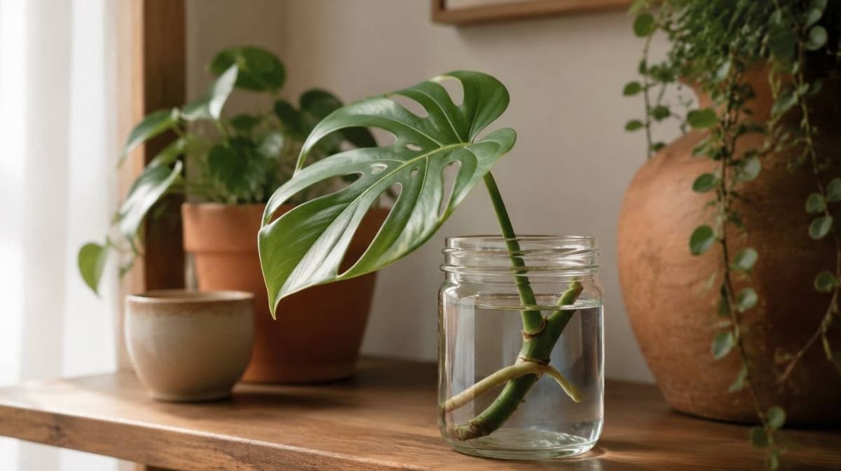 A monstera node cutting with an aerial root rooting in a jar