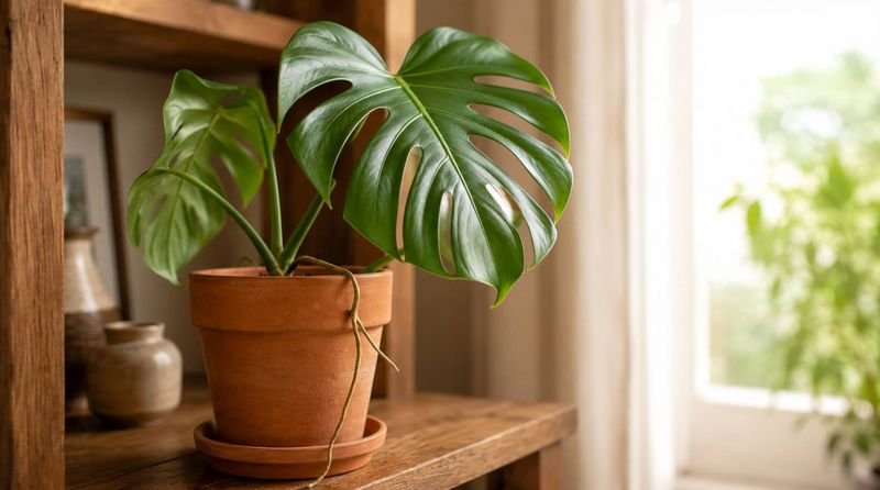 A potted monstera with an aerial root
