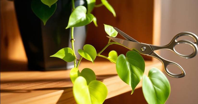 A pothos vine being cut just below a node with a small aerial root