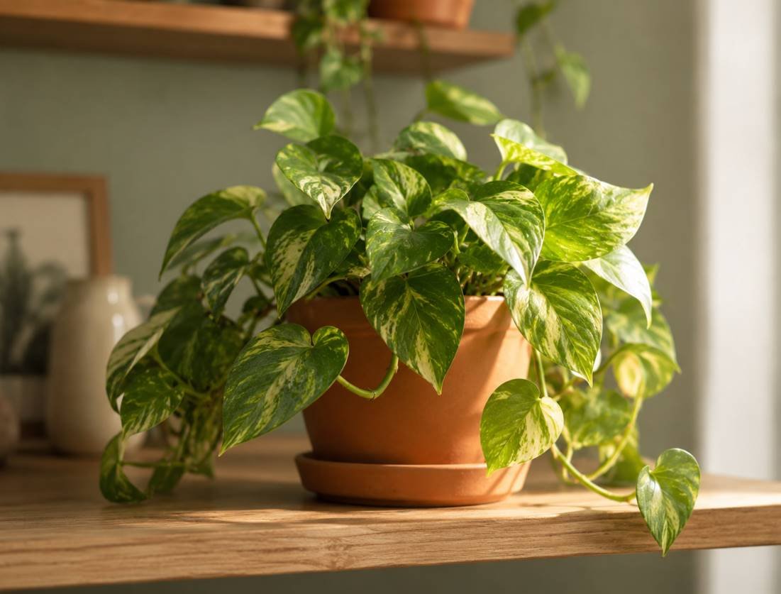 A healthy potted pothos on a warm wooden shelf