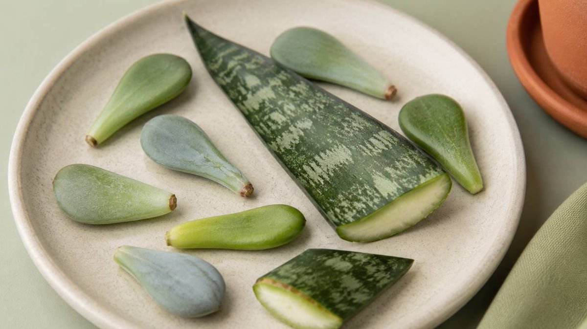 Succulent leaves and a snake plant section on a pale dish
