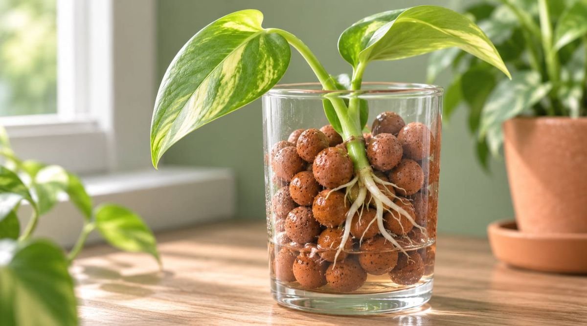 A cutting rooting among clay LECA balls in a clear glass