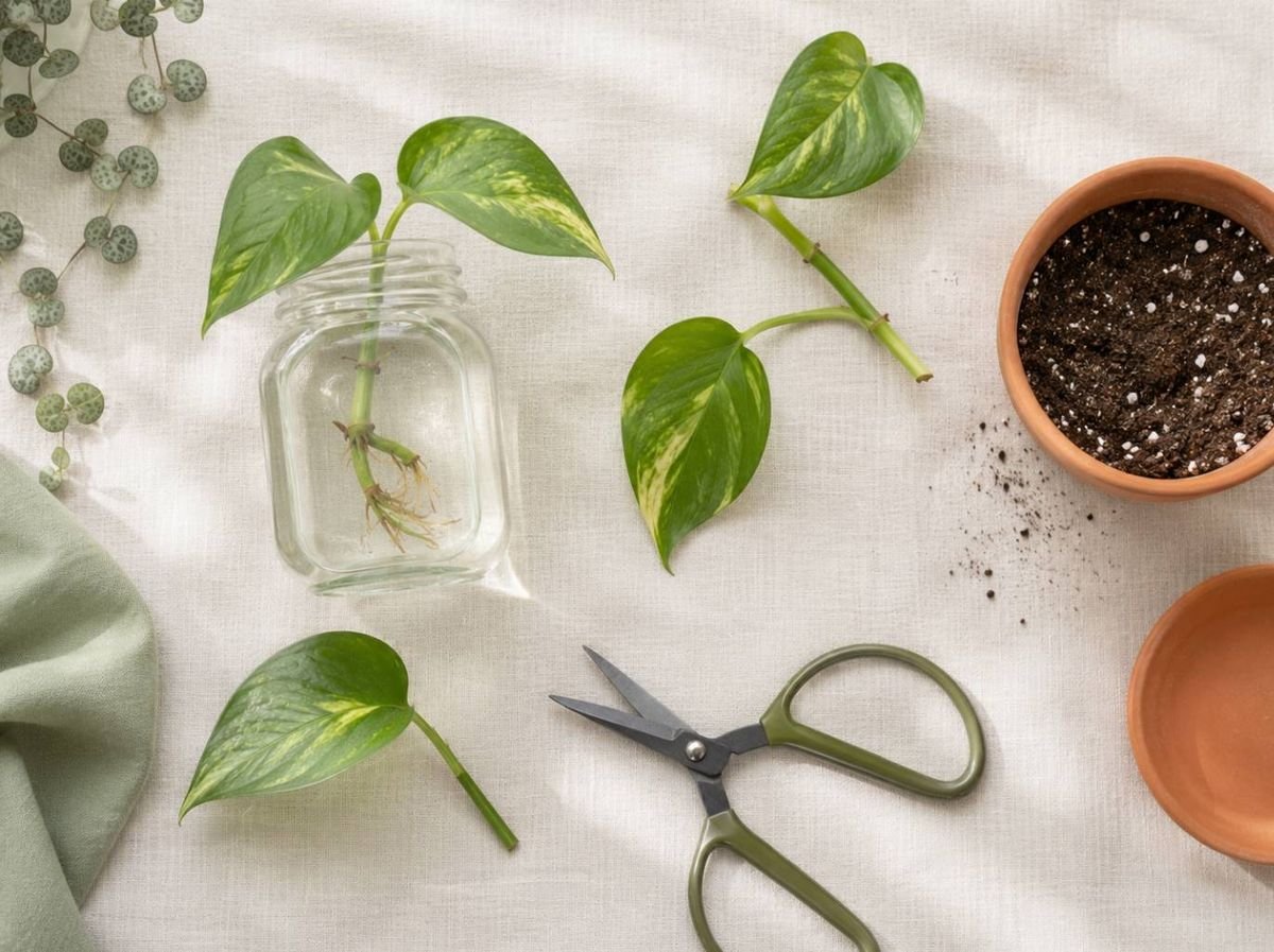 Overhead flat-lay of propagation supplies: jar, pot, scissors and cuttings
