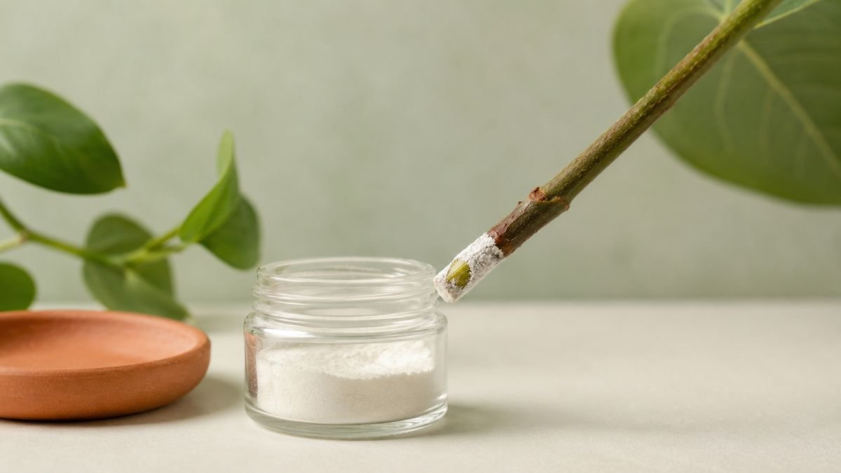 A woody stem being dipped into rooting hormone powder