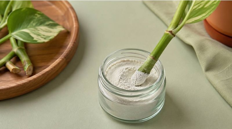 A stem being dipped into rooting hormone powder