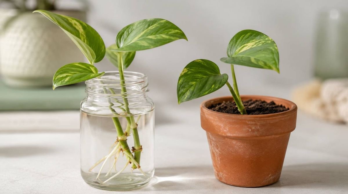 A water jar and a soil pot side by side, each holding a cutting