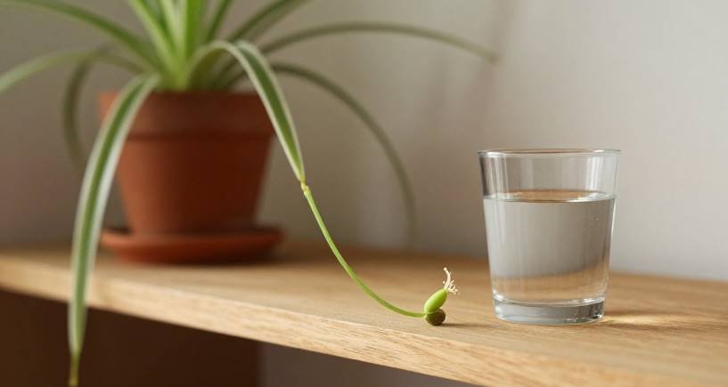 A spider plant runner with a plantlet baby showing tiny roots