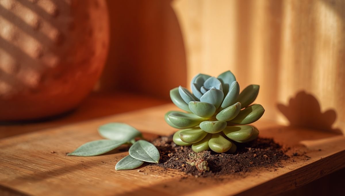 A succulent with leaves on soil and a pup at its base