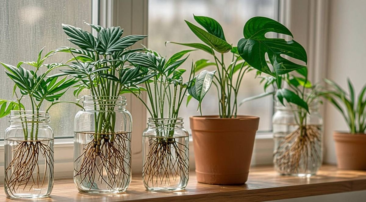 Glass jars of pothos and monstera cuttings rooting on a sunlit windowsill