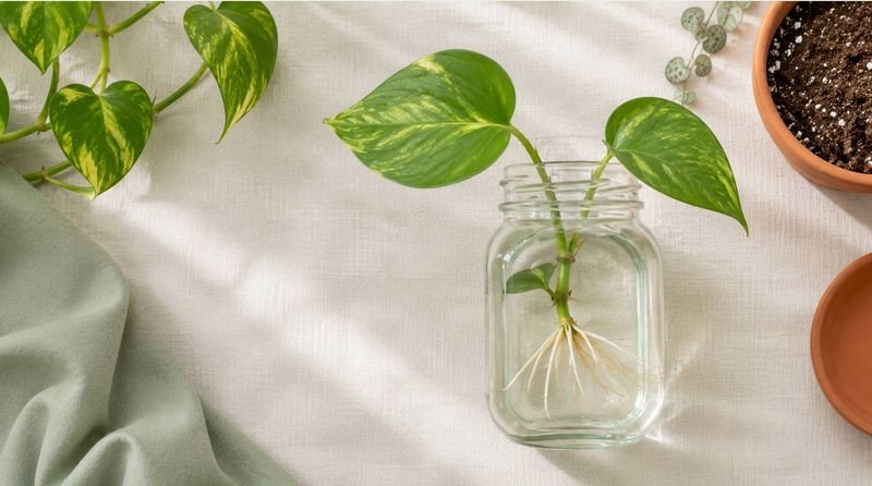Glass jar of water with a rooted pothos cutting